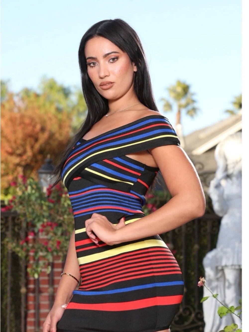 NWT Wow Couture Multi Color Stripe Bodycon Stretch Mini Dress Small